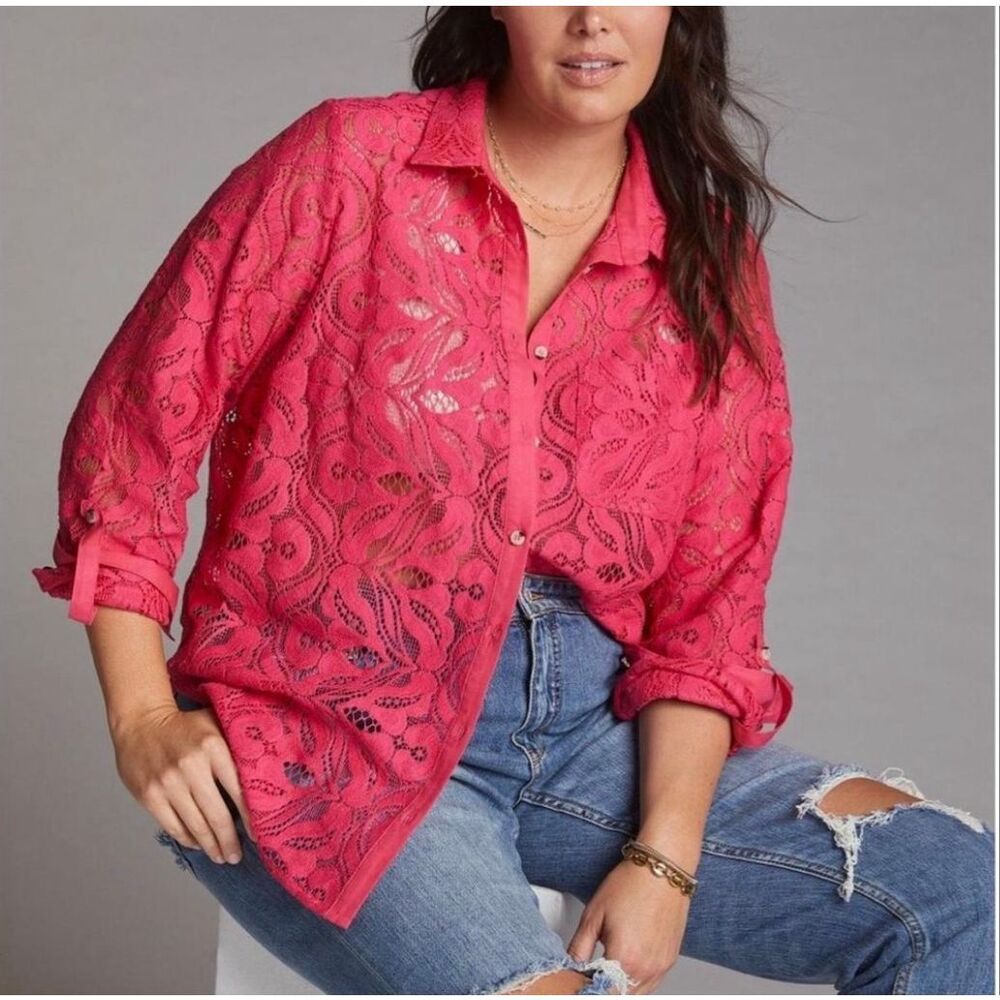 Anthropologie Maeve Lace Eyelet Button Down Shirt Fuchsia Pink Size 8‎